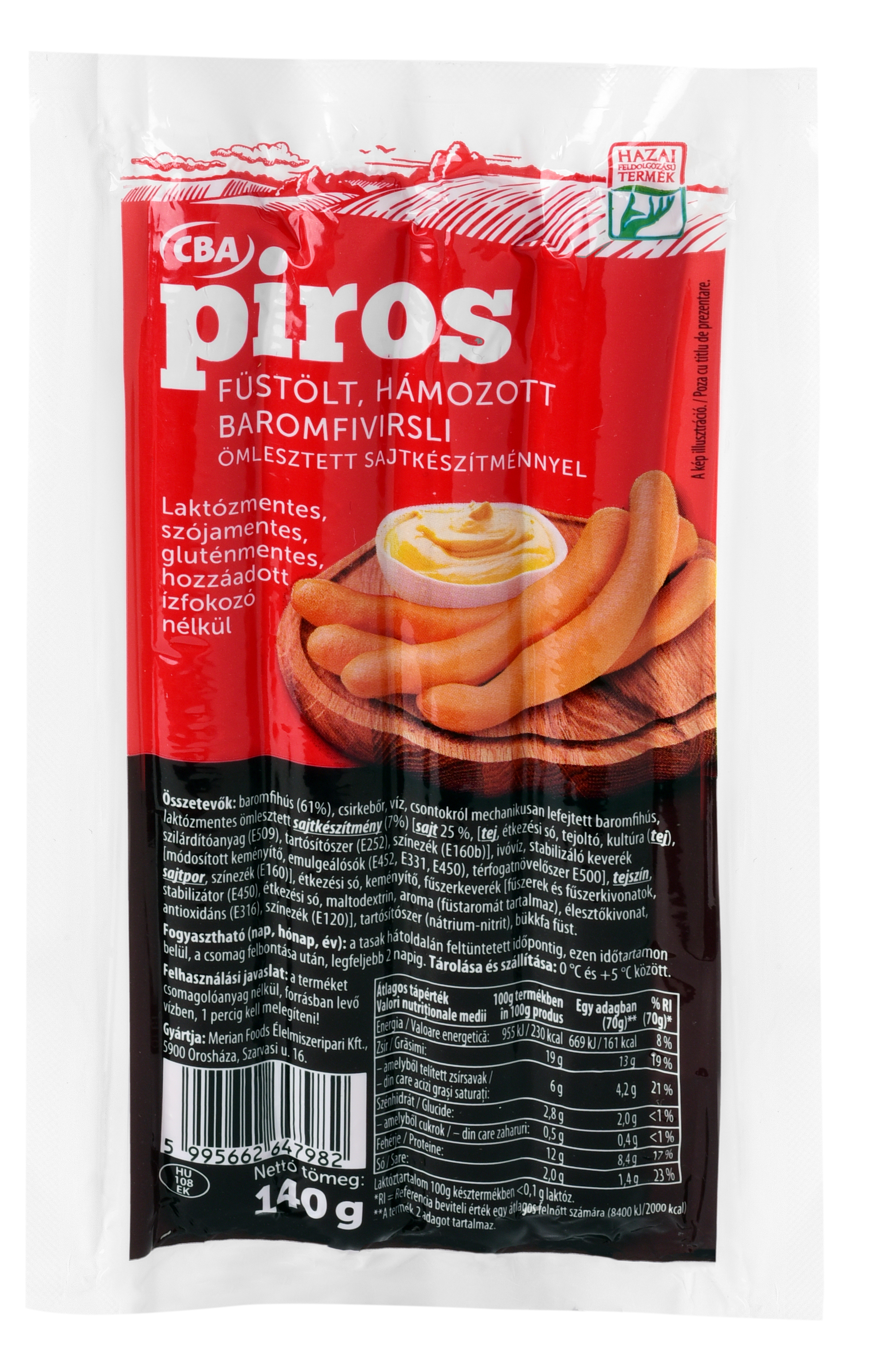 CBA Piros Füstölt, hámozott baromfi virsli ömlesztett sajtkészítménnyel 140g